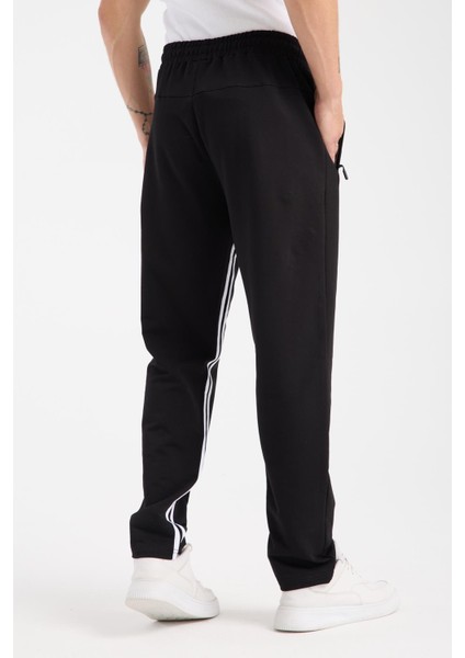 6005 Siyah Erkek Beli Lastikli Kordonlu Yanları Cepli Fermuarlı Iki Şeritli Siyah Eşofman Altı fırsatları