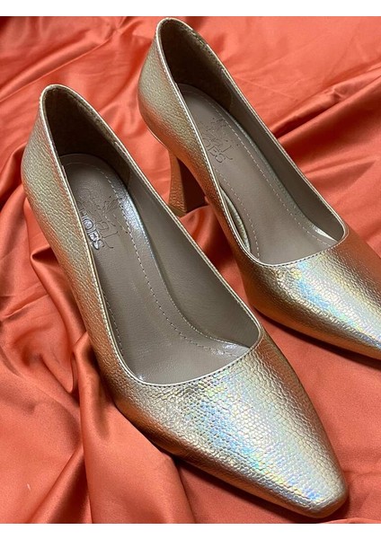 0000032 Renk Gold (Sarı) Desenli Topuklu Kadın Ayakkabı Stiletto