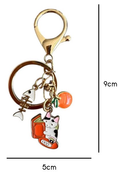 Balıklı Kitapsever Kedi Metal Charm Anahtarlık
