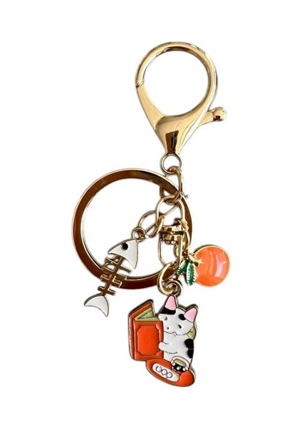 Balıklı Kitapsever Kedi Metal Charm Anahtarlık fiyatları