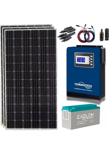 Güneş Enerjisi Bağ Evi Solar Paketi – 1kw Inverter + 3x 240W Güneş Paneli + 1x 12V 150AH Jel Akü