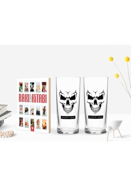 Renkli Erkek Kurukafa Tasarımlı Ikili Rakı Bardağı ve Cep Kitabı Hediye Set