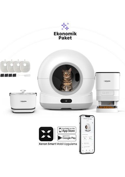 Akıllı Otomatik Kedi Tuvaleti Paslanmaz Çelik Kaseli Mama Kabı Ultra Sessiz Bataryalı Su Pınarı ve Filtre 4'lü Pet Seti