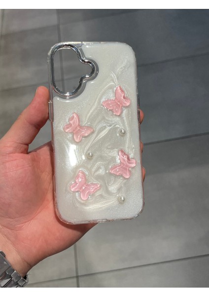 Iphone 16 Uyumlu Kelebek Figürlü Epoksi Tasarım Sert Şeffaf Silikon Kılıf