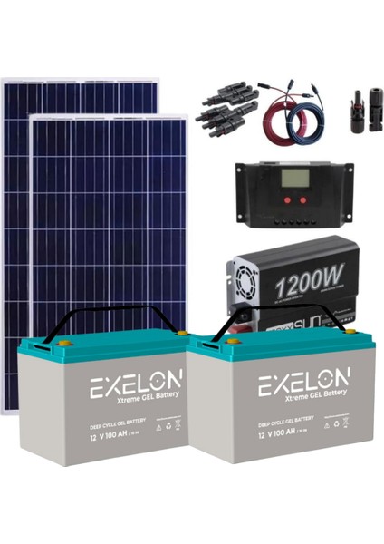 Solar Mini Ev Paketi TV + Mini Buzdolabı + Aydınlatma– 1200W Modifiye Sinus İnverter + 2x 240W Güneş Paneli + 2x 12V 100AH Jel Akü