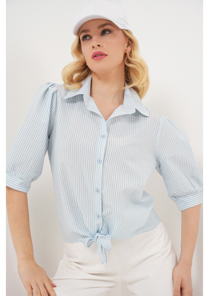 Kadın Önü Bağlamalı Çizgili Gömlek 20323 - Mavi