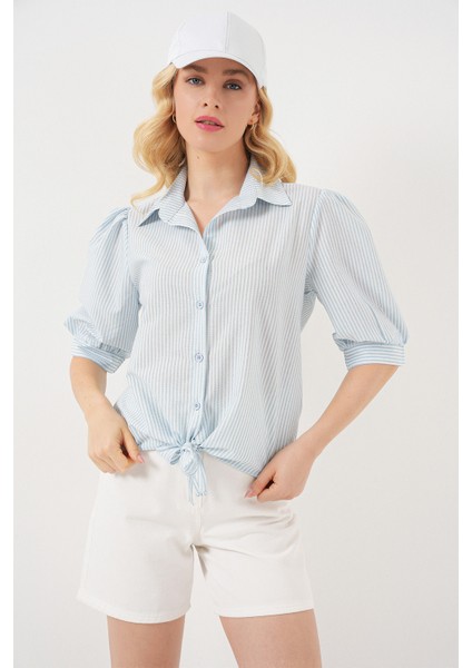 Kadın Önü Bağlamalı Çizgili Gömlek 20323 - Mavi modelleri