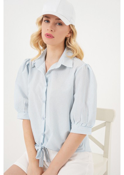 Kadın Önü Bağlamalı Çizgili Gömlek 20323 - Mavi fırsatları