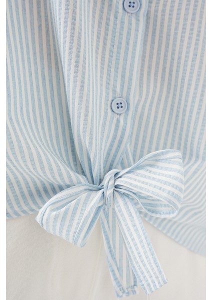 Kadın Önü Bağlamalı Çizgili Gömlek 20323 - Mavi indirimleri