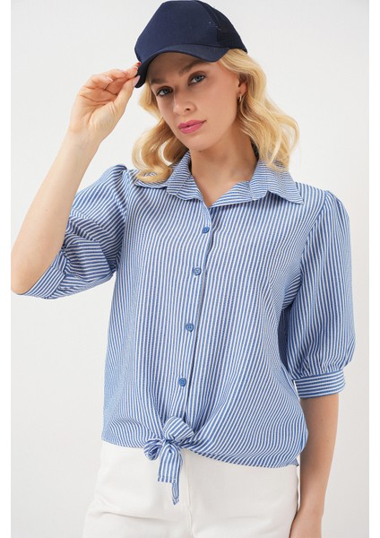Kadın Önü Bağlamalı Çizgili Gömlek 20323 - Lacivert
