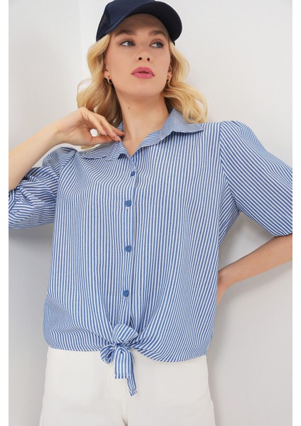 Kadın Önü Bağlamalı Çizgili Gömlek 20323 - Lacivert modelleri