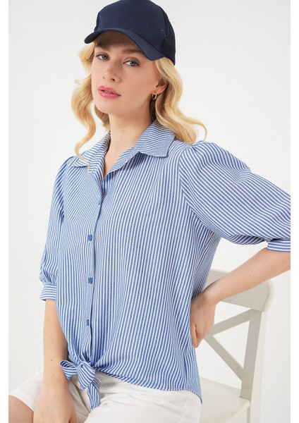Kadın Önü Bağlamalı Çizgili Gömlek 20323 - Lacivert fırsatları