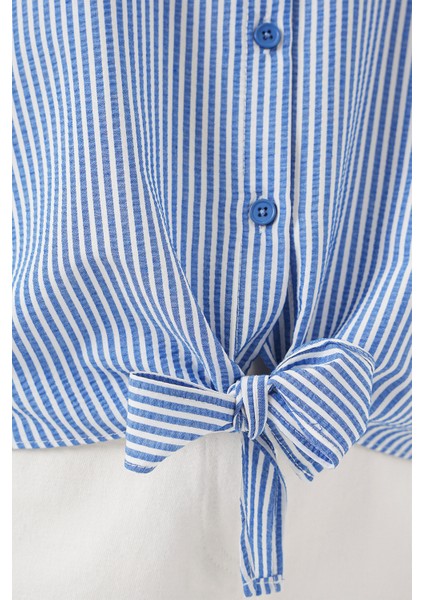 Kadın Önü Bağlamalı Çizgili Gömlek 20323 - Lacivert indirimleri