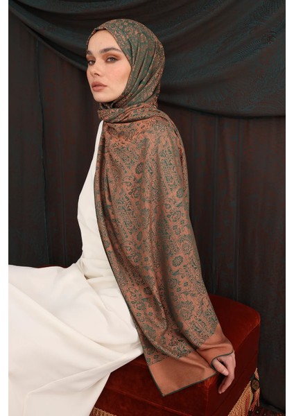 Henna Desen Çift Taraflı Şal Zümrüt-Kayısı