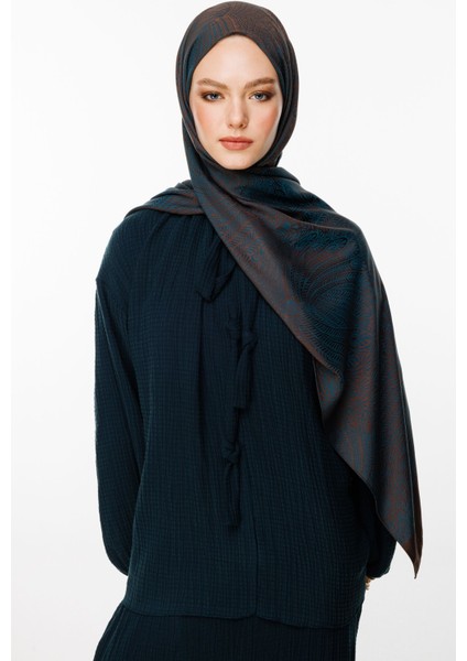 Mayra Desen Çift Taraflı Şal Acı Kahve-Petrol Mavisi