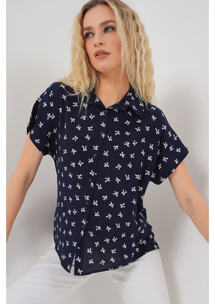 Kadın Kısa Kol Desenli Gömlek 20310 - Lacivert