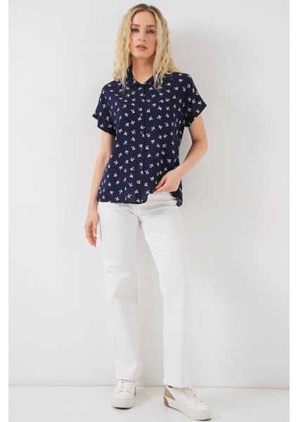 Kadın Kısa Kol Desenli Gömlek 20310 - Lacivert fiyatları