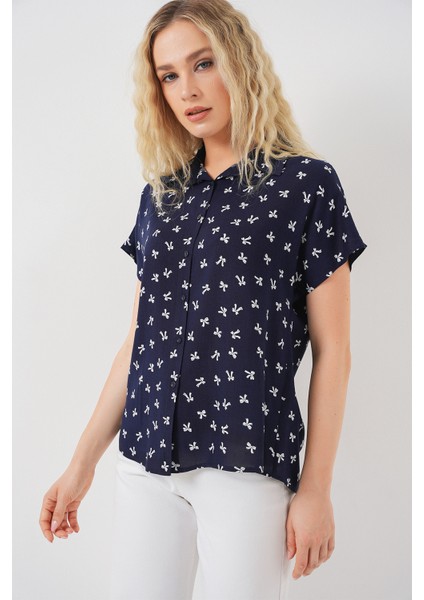 Kadın Kısa Kol Desenli Gömlek 20310 - Lacivert modelleri
