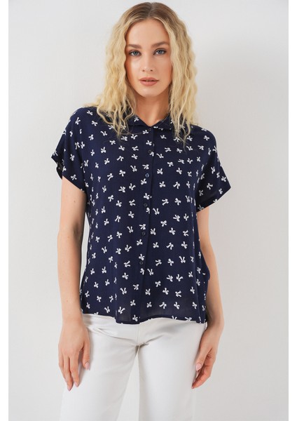 Kadın Kısa Kol Desenli Gömlek 20310 - Lacivert fırsatları