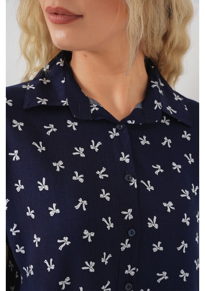 Kadın Kısa Kol Desenli Gömlek 20310 - Lacivert indirimleri