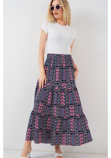 Kadın Desenli Uzun Etek 8053 - Lacivert