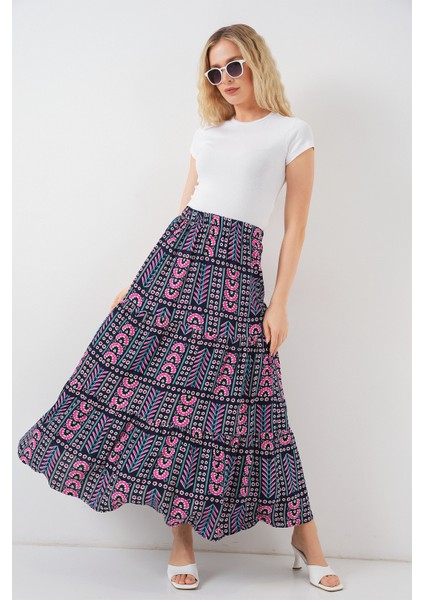 Kadın Desenli Uzun Etek 8053 - Lacivert modelleri