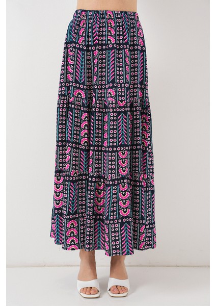 Kadın Desenli Uzun Etek 8053 - Lacivert fırsatları