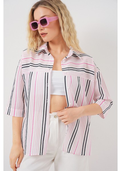 Kadın Çizgili Kısa Kol Gömlek 20344 - Pembe