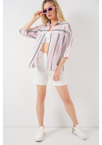 Kadın Çizgili Kısa Kol Gömlek 20344 - Pembe fiyatları