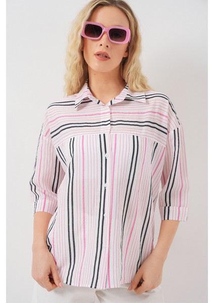 Kadın Çizgili Kısa Kol Gömlek 20344 - Pembe modelleri