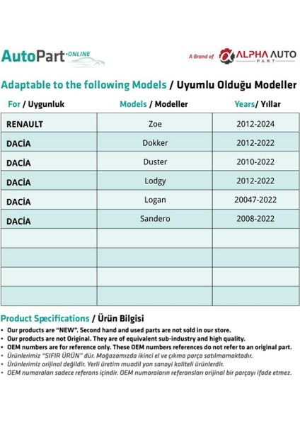 Dacia ve Renault için Davlumbaz Klips modelleri