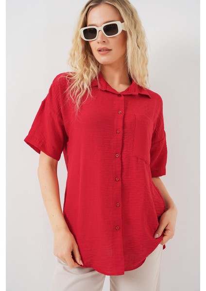Kadın Kısa Kol Keten Görünümlü Gömlek 20336 - Kırmızı