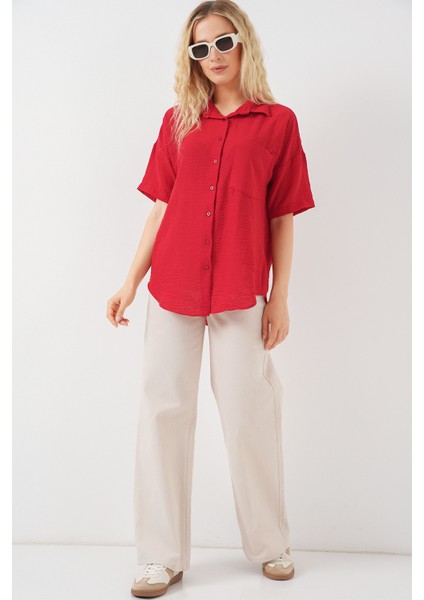 Kadın Kısa Kol Keten Görünümlü Gömlek 20336 - Kırmızı fiyatları