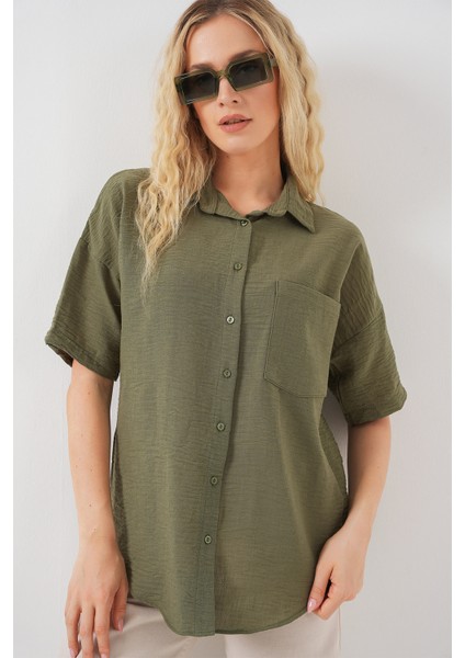 Kadın Kısa Kol Keten Görünümlü Gömlek 20336 - Haki