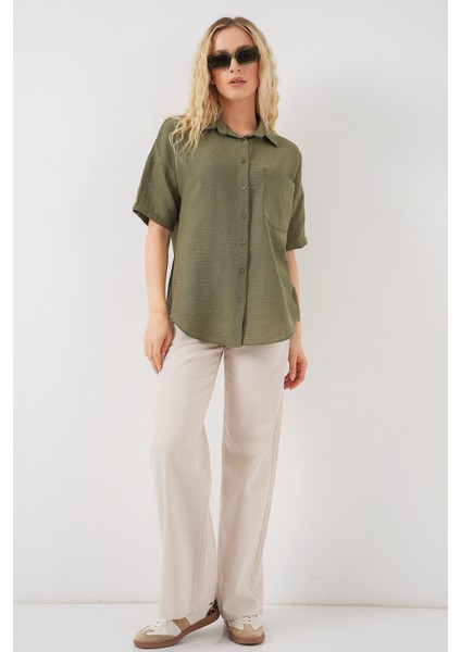 Kadın Kısa Kol Keten Görünümlü Gömlek 20336 - Haki fiyatları