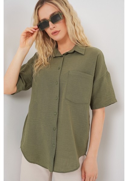 Kadın Kısa Kol Keten Görünümlü Gömlek 20336 - Haki fırsatları