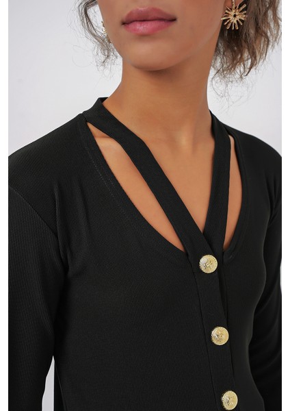 924 Düğmeli Basic Triko Hırka - Siyah indirimleri