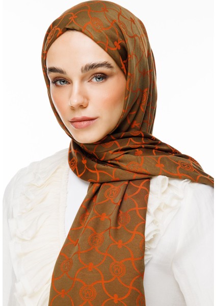 Marrakech Desen Çift Taraflı Şal Koyu Haki-Tarçın
