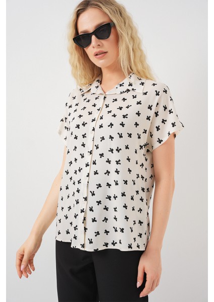 Kadın Kısa Kol Desenli Gömlek 20310 - Krem modelleri