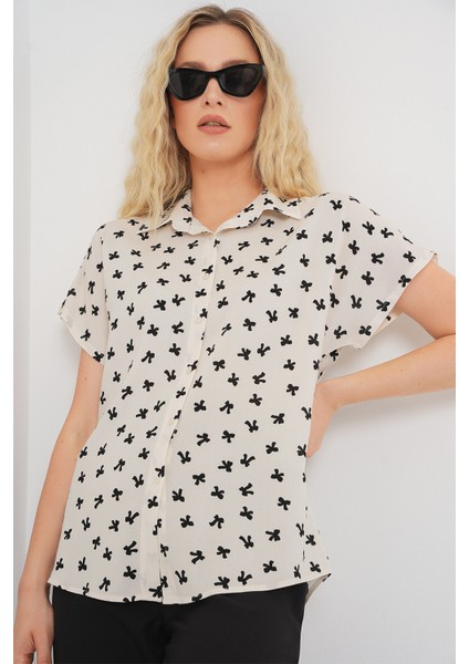 Kadın Kısa Kol Desenli Gömlek 20310 - Krem fırsatları