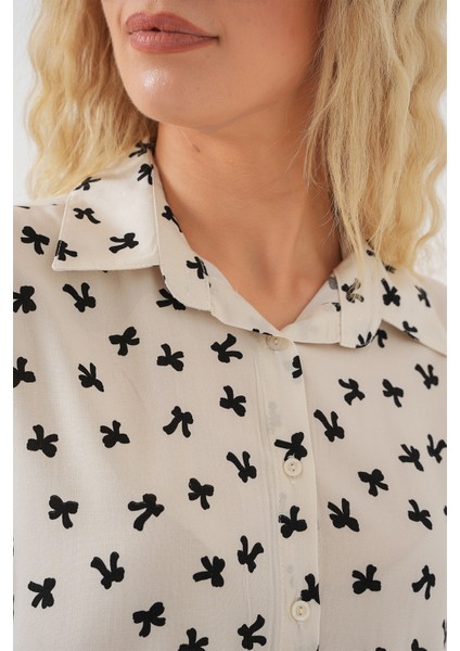 Kadın Kısa Kol Desenli Gömlek 20310 - Krem indirimleri