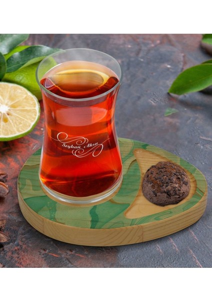 El Yapımı Renkli Doğal Ahşap ve Mermer Tasarımlı Çay Bardağı Sunum Seti