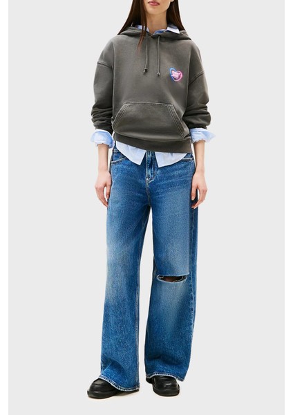 Neon Logo Baskılı Pamuklu Boxy Fit Kapüşonlu Sweat Bayan T Shirt DW0DW20945 Bds fiyatları