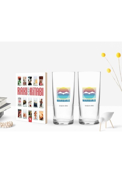 Renkli Marmaris Tasarımlı Ikili Rakı Bardağı ve Cep Kitabı Hediye