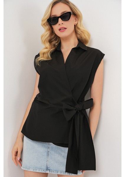 Kadın Sıfır Kol Anvelop Gömlek 20343 - Siyah