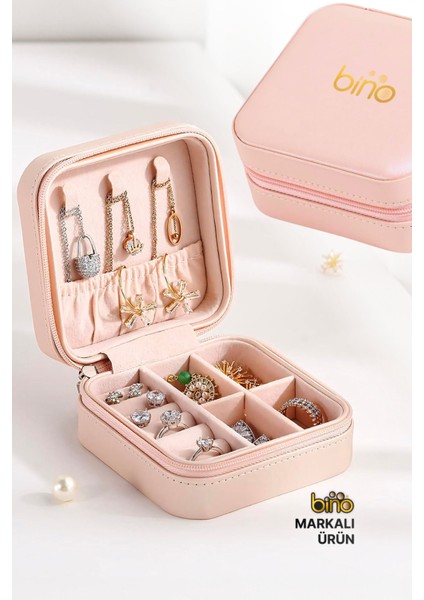 Takı ve Makyaj Organizeri Pembe Dayanıklı Malzeme Fermuarlı Kare Kompakt Tasarım Seyahat Boy