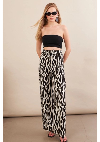 Kadın Siyah-Ekru Zebra Desenli Yüksel Bel Pantolon PİK50 modelleri
