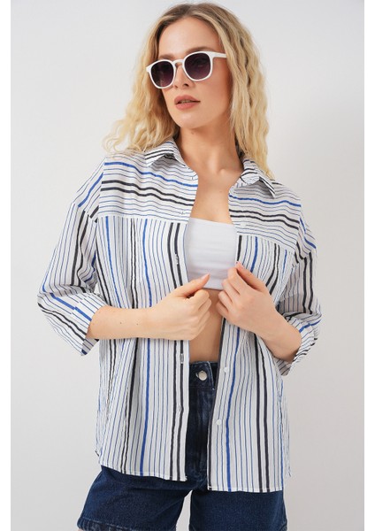 Kadın Çizgili Kısa Kol Gömlek 20344 - Lacivert