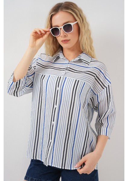 Kadın Çizgili Kısa Kol Gömlek 20344 - Lacivert modelleri