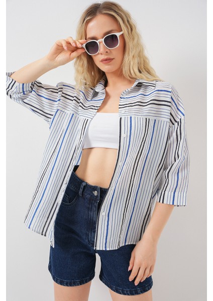 Kadın Çizgili Kısa Kol Gömlek 20344 - Lacivert fırsatları